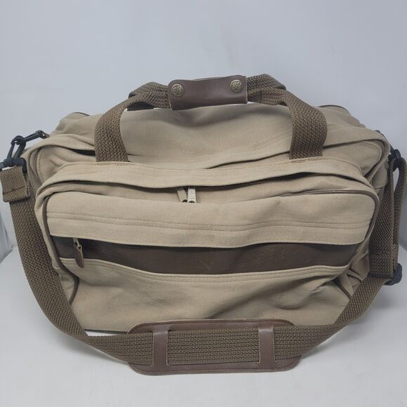 Vtg Eddie Bauer Ford Leather Trim Khaki Tan Canvas Duffle Bag Carry On 22x12x12 - Picture 2 of 12